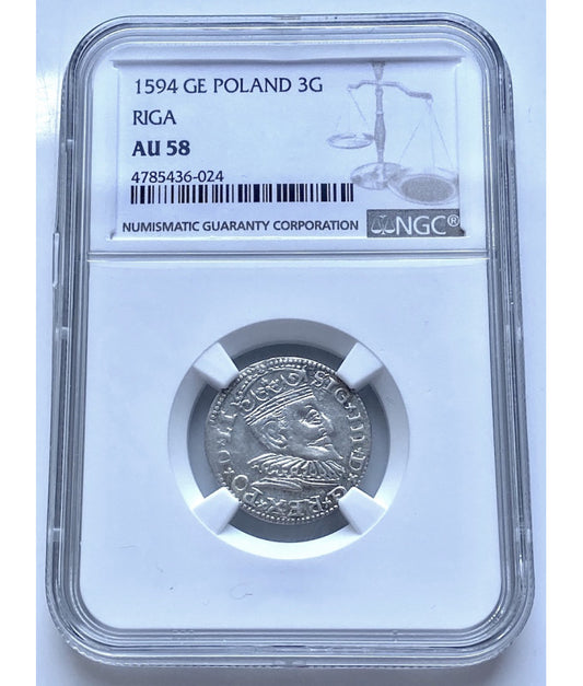 Trojak Ryski 1590 r. (Ryga) - Zygmunt III Waza | Stan NGC AU 55 - Polska srebrna moneta