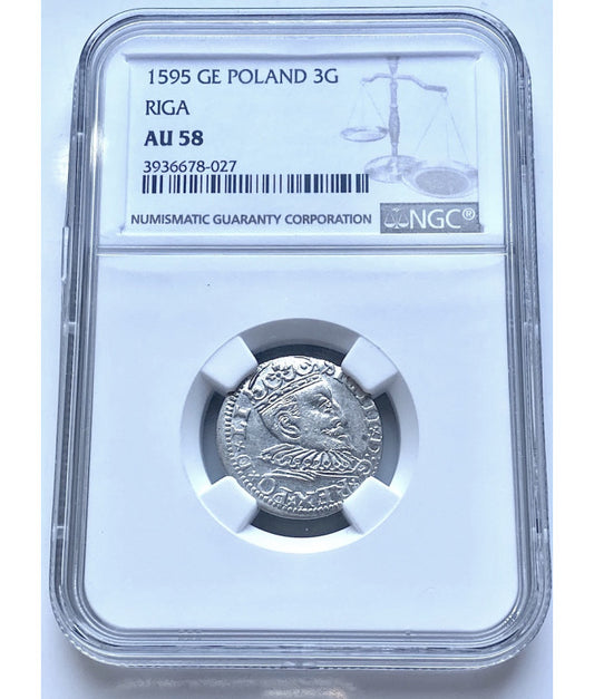 Trojak Ryski 1595 r. (Ryga) - Zygmunt III Waza | Stan NGC AU 55 - Polska srebrna moneta